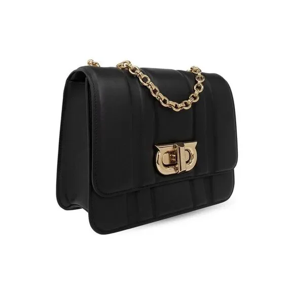 FERRAGAMO Gancini Quilted Leather Shoulder Bag Women Black Crossbody - Picture 3 of 4